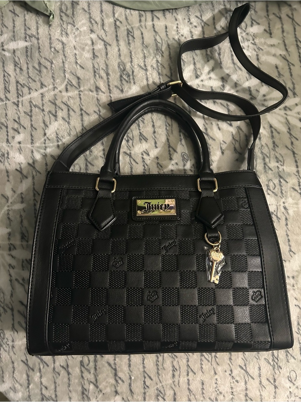 Juicy Couture Black Textured Checker Satchel with Gold Hardware